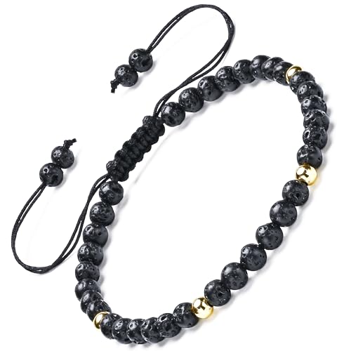 Apocalyptic-K Schwarzer Vulkanstein-Armband&18K Gold |4-6MM | 6.7-9.3 IN | ，Damen Armband &18K Gold, | Einstellbar (Schwarzer Vulkanstein，4MM) von Apocalyptic-K