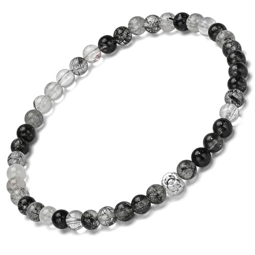 Apocalyptic-K Ladies Natural Gemstone Armband, 5MM 925 Sterling Silber Rhombisch, 4MM Spinell Perlen Armband für Frauen (Schwarze Haarsträhnen Rund Perlen,4MM) von Apocalyptic-K