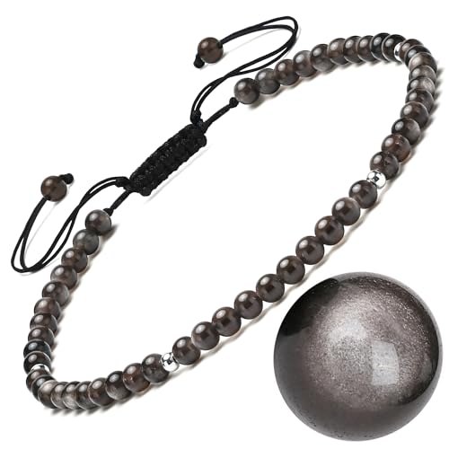 Apocalyptic-K Damen Naturstein Fußkettchen, 4MM, 9,45-10,45 Zoll. 925 Silber/Gold, Handgewebt (Silber Obsidian Fußkettchen, 4MM) von Apocalyptic-K