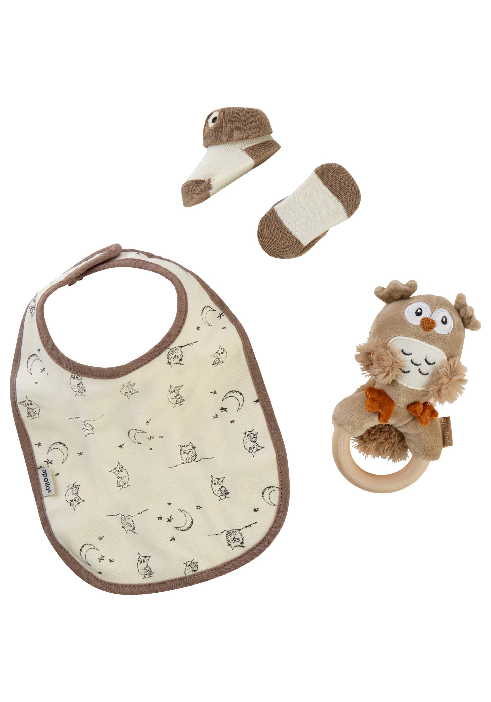 Apollo Neugeborenen-Geschenkset Set, Babyset, Eule, Lätzchen, Ring, Söckchen von Apollo