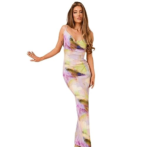 Apooke Damen Bedrucktes Maxikleid Mit Spaghettiträgern Y2K Wasserfallausschnitt Rückenfrei Ärmellos Langes Kleid Sommer Streetwear Partykleid Frauen Spaghettiträger Wasserfallausschnitt von Apooke