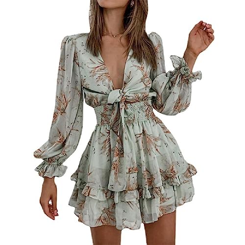 Apooke Damen Langarm Blumen Mini Lose Kleider V Ausschnitt Rüschen Kleid Mit Elastischer Taille Sexy Club Outfits Streetwear Damen Langarm Kleid von Apooke