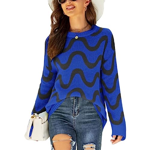 Apooke Damen Pullover Langärmelig Rundhalsausschnitt Modisch Weich Gestrickt Lässig Winterpullover Pullover Gestreift Tops Streetwear Rundhalsausschnitt Strickpullover von Apooke