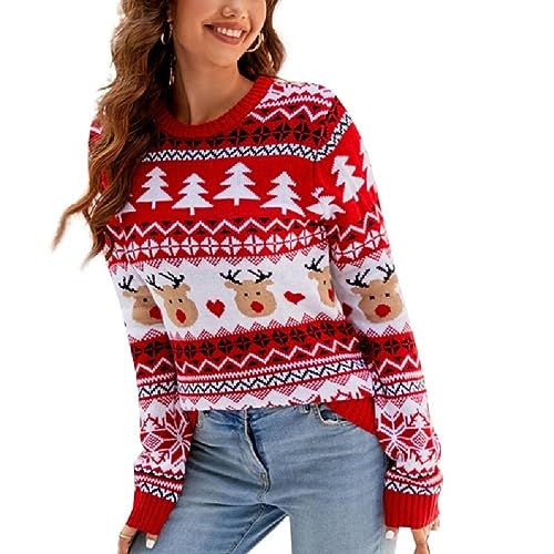 Apooke Damen Weihnachten Schneeflocke Rentier Strickpullover Pullover Langarm Rundhalsausschnitt Baum Tierdruck Pullover Strickwaren Lässige Pullover Tops von Apooke