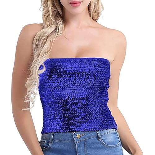 Apooke Bauchfreies Oberteil für Damen, glitzernde Pailletten, Bauchtanz-Kostüm, Party, Clubwear, Glitzer, trägerlos, schulterfrei, dehnbar, Bandeau-Pailletten, Bandeau-Tops für Damen von Apooke