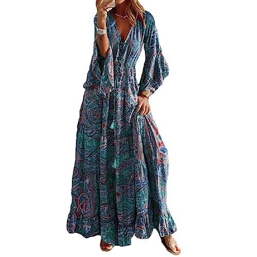 Apooke Langarm Maxikleid Für Damen V Ausschnitt Lässiger Blumendruck Herbstkleider Elegantes Damen Roben Maxikleid von Apooke