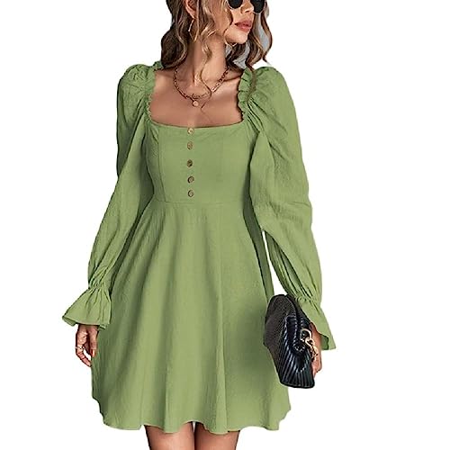 Damen Herbst Babydoll Kleid Mit Langen Puffärmeln Lässig Quadratischer Ausschnitt Hohe Taille Rüschen A Linie Minikleider Quadratischer Ausschnitt Langes Puffärmel A Linien Kleid von Apooke