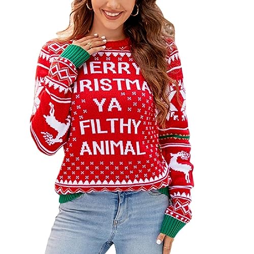 Damen Strickpullover Mit Weihnachtsschneeflocke Und Rentier Langärmelig Rundhalspullover Strickwaren Oberteile Mit Cartoon Druck Damen Weihnachtspullover von Apooke