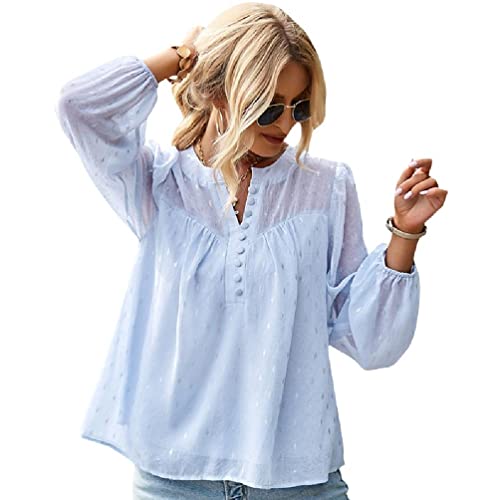 Frauen Dots Print Babydoll Bluse V Ausschnitt Chiffon Tops Sommer Tops Casual Loose Button Up Langarm Flowy Shirts Bluse Dot Print Shirt Babydoll Shirts für Frauen Glockenärmel Bluse Button Up Shirt von Apooke