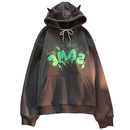 Frauen Graffiti Bubble Print Sweatshirt Lustige Hörner Pullover Tops Hip Hop Long Sleeves Hoodie Loose Sweatshirt Tops Loose Horns Hoodie für Frauen Männer Punk Blasendruck Sweatshirt Chic Pullover von Apooke