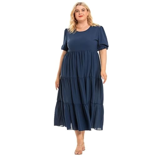 Frauen Maxi Kleid fließende Sonnenkleidung Lose Plus Size Round Neck Kleid Sommer Freizeitkleid für tägliche Reisen Frauen Stufe Maxi Kleid Mode Sommerkleid Plusgröße Solid Color Feiertagskleid von Apooke