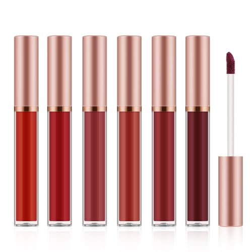 Apooliy 6pcs Matte Lipgloss Set für Frauen,Hochpigmentierter Samt-Lippenstift，Langanhaltend，Wasserfestes Lippen Makeup，Nude，Braun von Apooliy