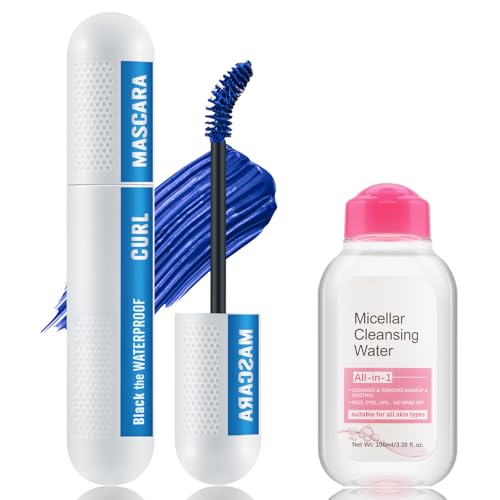 Apooliy Buntes Set aus Mascara und Make-up-Entferner,Verschmutzungssichere schwarze Wimperntusche,Blau Lila Lang anhaltend Charmant Voluminös von Apooliy