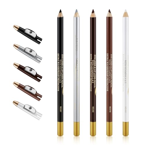 Apooliy Wasserfester Augenbrauenstift 5pcs Set Brauenstift Langlebig Augen-Make-up-Stift Weißer Eyeliner Brauenstift mit Anspitzer，Dunkelbraun von Apooliy