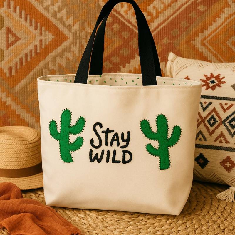 Gestickte Kaktus Tragetasche Handgenähte Eco Shopper Aus Canvas Mit Bio-Innenfutter von Apopsis