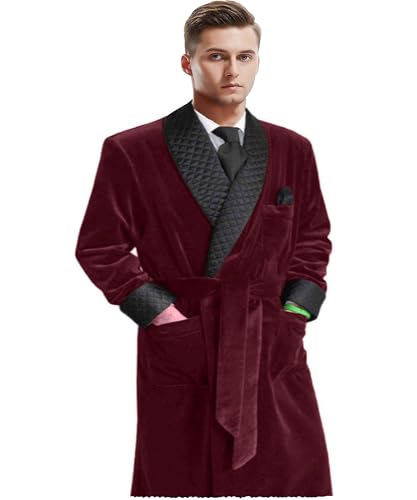 Apornipal Herren Lange Raucherjacke mit Gürtel Samt Räuchermantel Schal Revers Steppmantel Morgenmantel, Weinrot, 58 von Apornipal