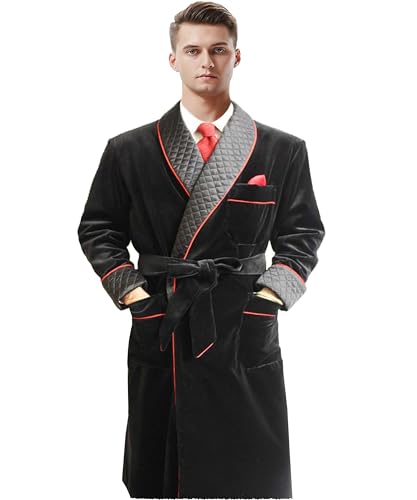 Apornipal Lange Samt-Smokingjacke für Herren mit Gürtel, Schal, Revers, Smoking Robe, gesteppter Morgenmantel, Schwarz, 48 von Apornipal