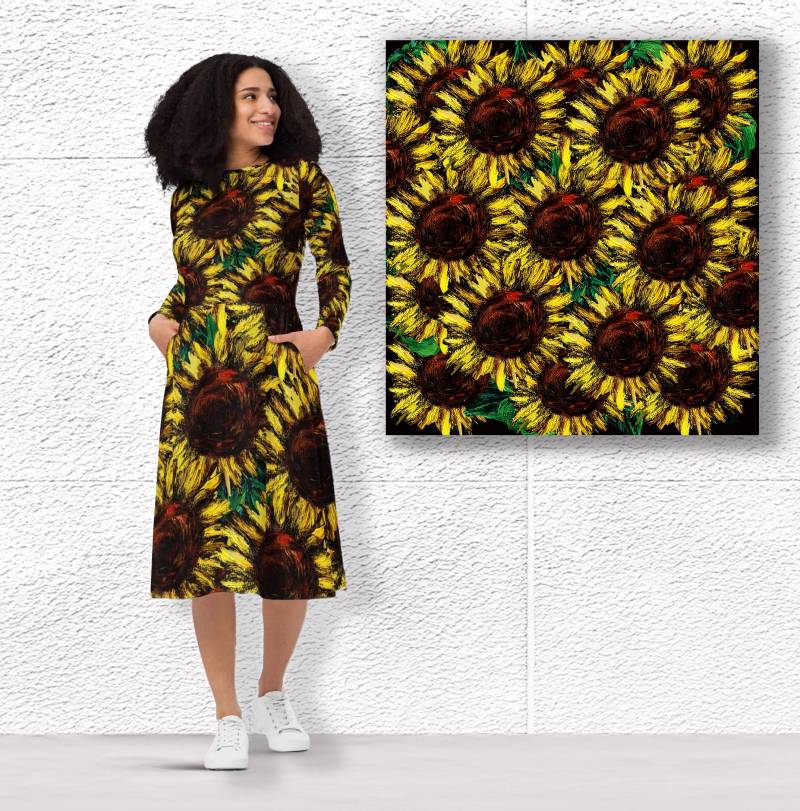 Elegantes Midi Kleid Damen - Gelb-Braunes Designer Mit Blumen, Langarm Taschen, Sonnenblumen in Kunst Gemälde Optik von Apostel13