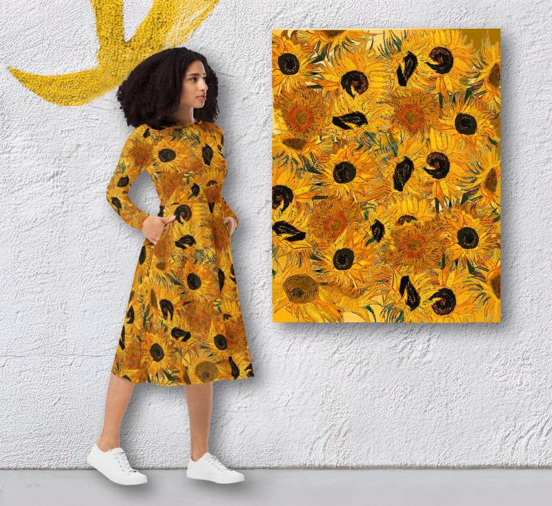 Elegantes Midi Kleid Damen - Gelb-Braunes Designer Mit Sonnenblumen, Langarm Taschen, Van Gogh Kunststil von Apostel13