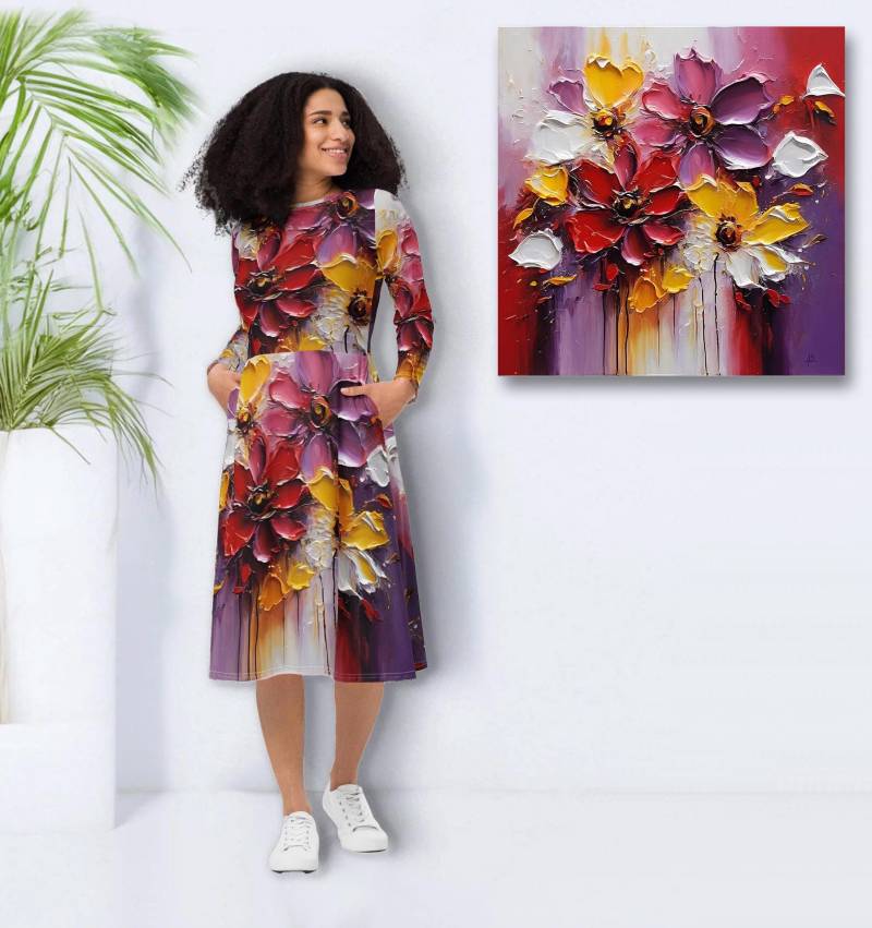 Frauen Designer Langarm Midi Kleid Mit Seitentaschen - Blumen Sommerkleid in Kunst-Gemälde Optik Buntes Blumenkleid von Apostel13