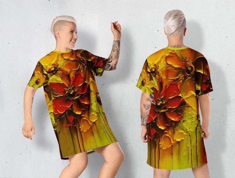 Frauen Kurzarm T-Shirt Kleid - Lockeres Langhemd Mit Oversize Passform Sommerkleid Gelb Rot Blumen in Kunst Gemälde Optik Shirt von Apostel13