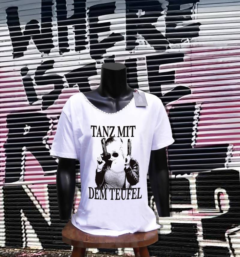 Designer Weiß Bio Baumwolle T-Shirt Tiefe Ausschnitt Handmade -Tanz Mit Dem Teufel/Frau Waffen Kreuz von Apostel13