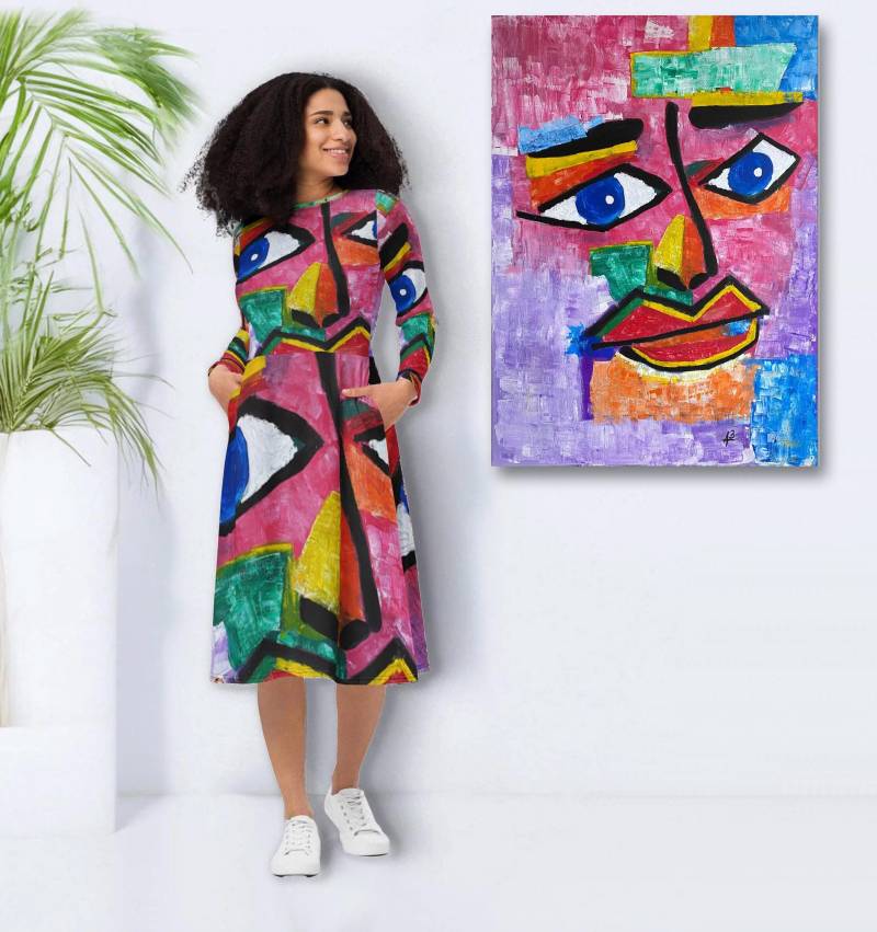 Trendiges Designer Langärmliges Midi Kleid Mit Seitentaschen - Kunst Gemälde Stil Fröhliches Sommerkleid, Strandkleid von Apostel13