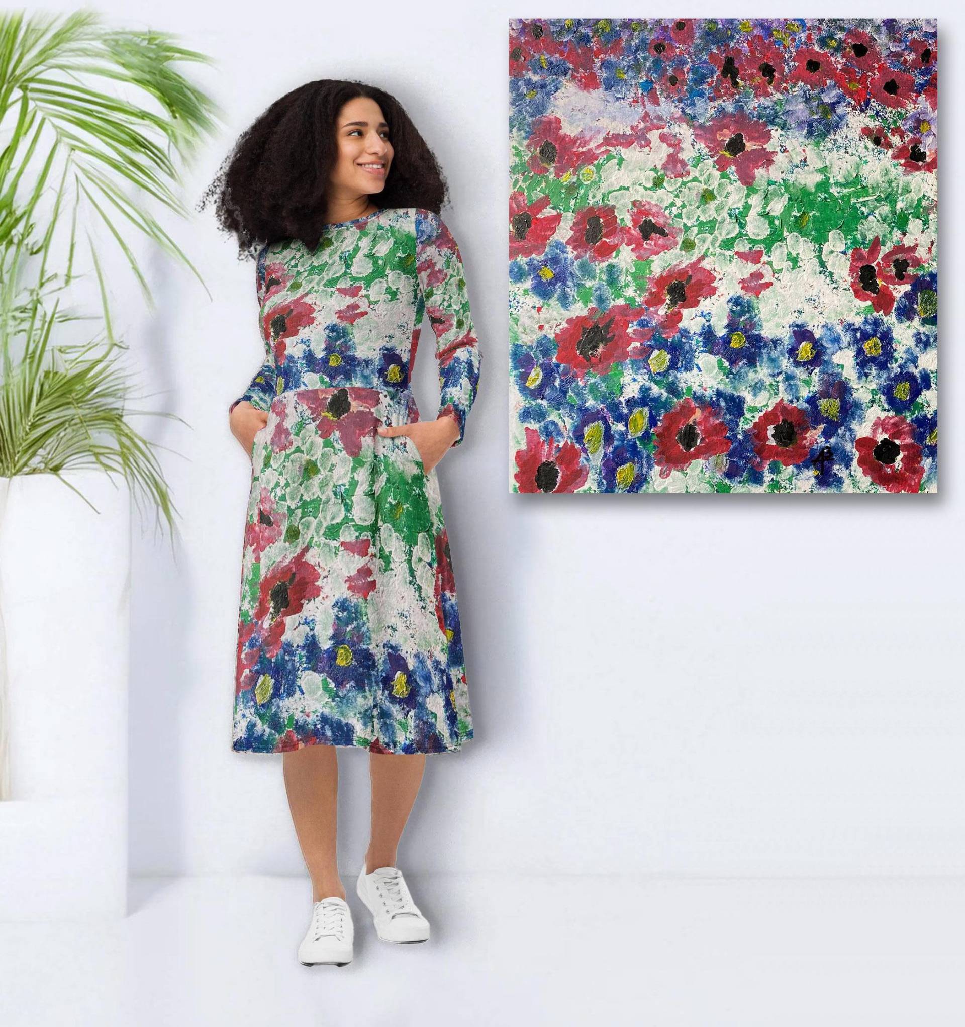 Trendiges Designer Langärmliges Midi Kleid Mit Seitentaschen - Kunstvolles Blumenkleid Im Gemälde Stil Sommer Blumen Trendiges Designer Langärmliges Midi Kleid Mit Seitentaschen - Kunstvolles Blumenkleid Im Gemälde Stil Sommer Blumen von Apostel13