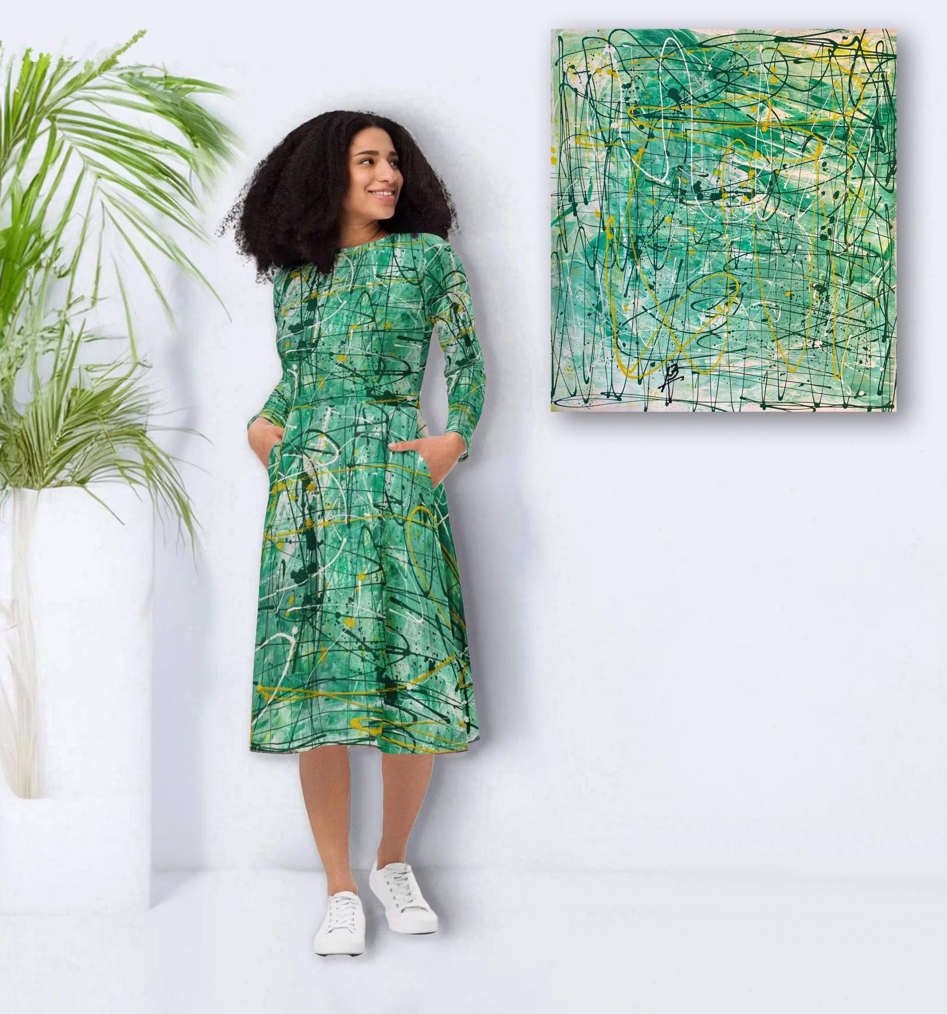 Trendsetter Designer Langarm Midi Kleid Mit Seitentaschen - Buntes Grüne Sommerkleid in Kunst-Gemälde Optik von Apostel13