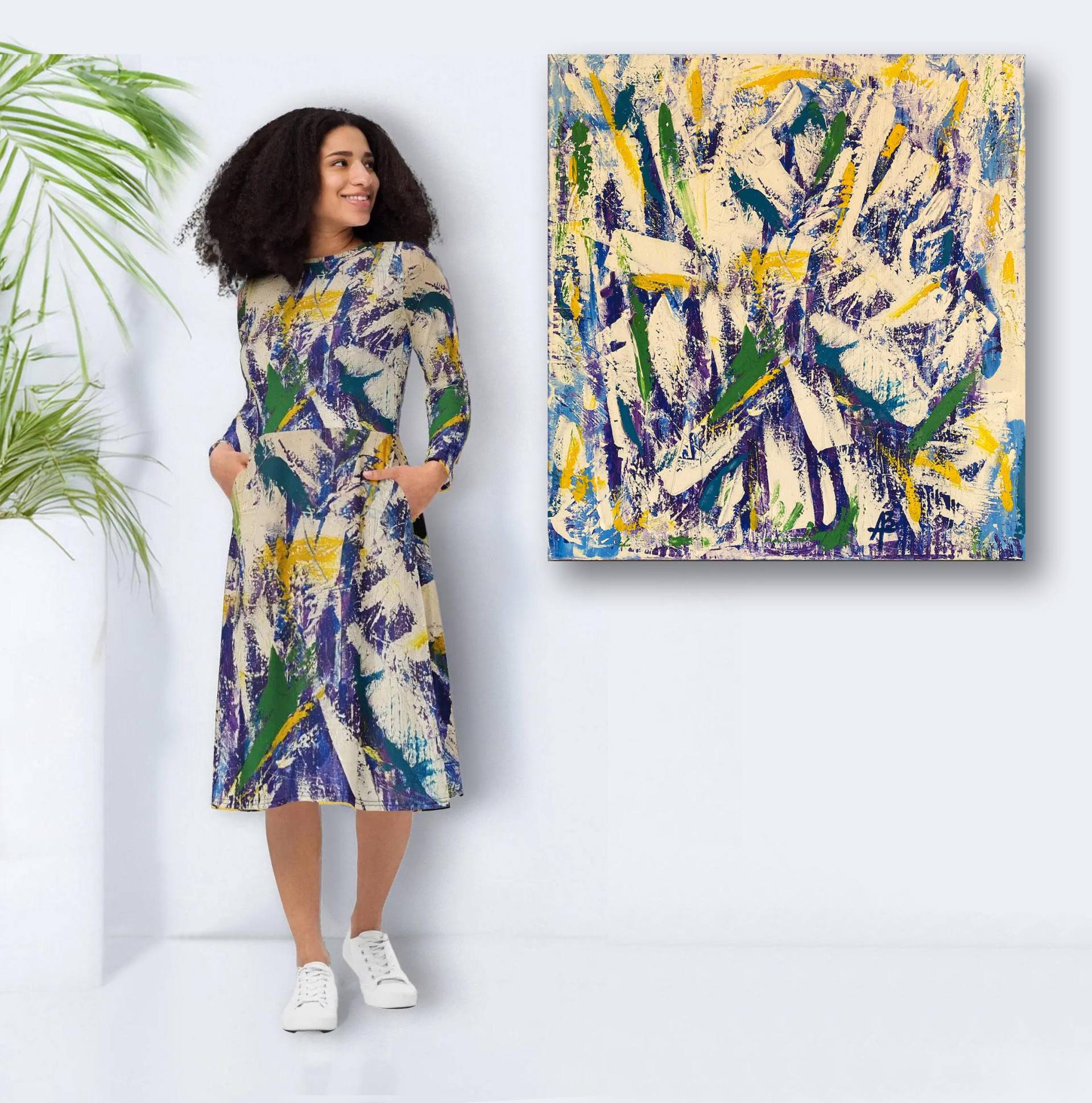 Trendsetter Designer Langarm Midi Kleid Mit Seitentaschen - Sommerkleid Blau-Weiß-Gelb-Grün Muster in Kunst-Gemälde Optik von Apostel13