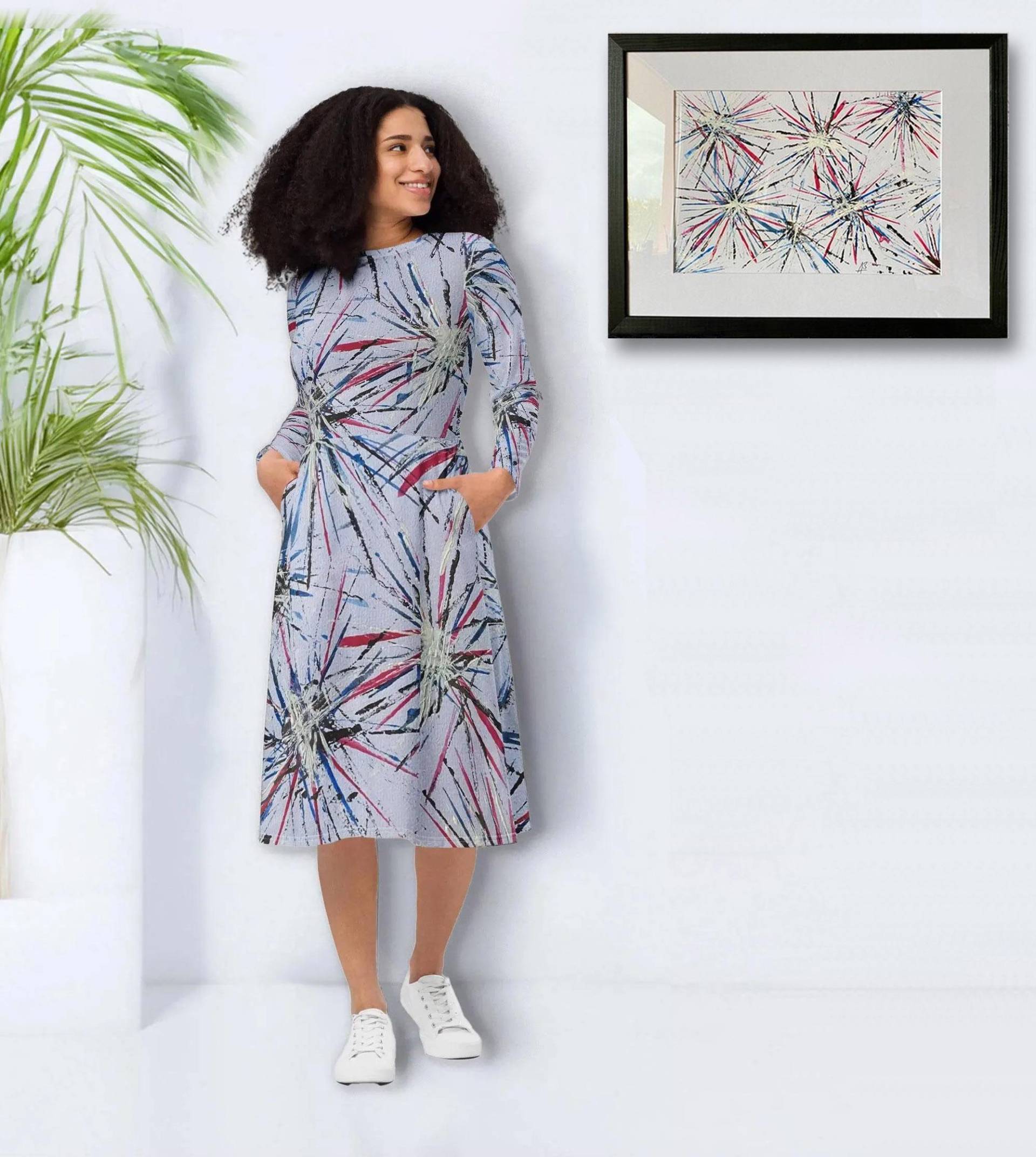 Trendsetter Designer Langarm Midi Kleid Mit Seitentaschen - Sommerkleid Sterne Im Weiß-Rot-Blau Muster in Kunst-Gemälde Optik von Apostel13
