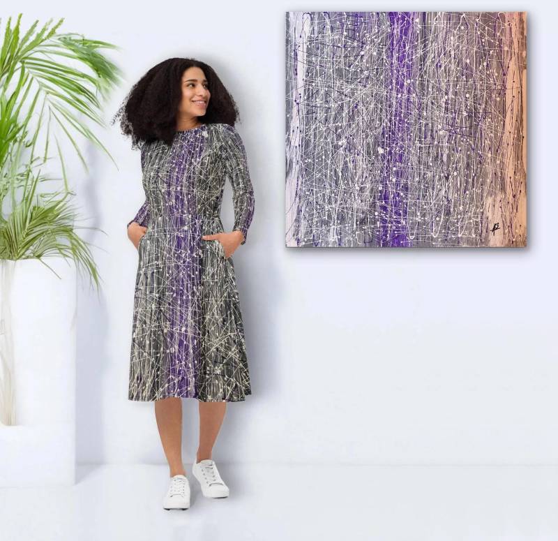 Trendsetter Designer Langarm Midi Kleid Mit Seitentaschen - Sommerkleid Weiß-Lila Abstrakt Muster in Kunst-Gemälde Optik von Apostel13