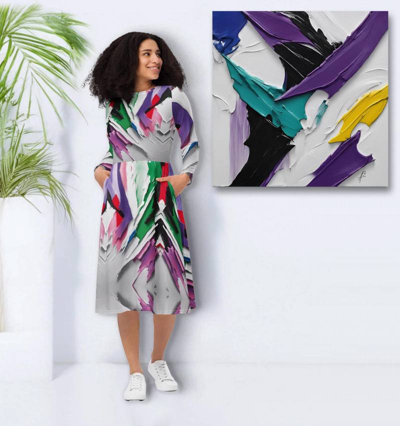 Trendsetter Designer Langarm Midi Kleid Mit Seitentaschen - Sommerkleid Weiß-Lila-Grün-Rot Muster in Kunst-Gemälde Optik von Apostel13