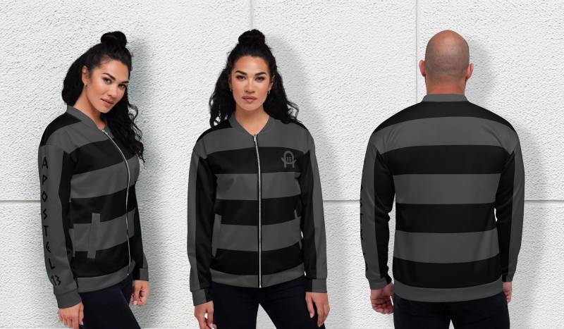 Unisex Bomberjacke Gestreift Grau-Schwarz Mit Druck A13 Apostel13 Reißverschluss Jacke von Apostel13