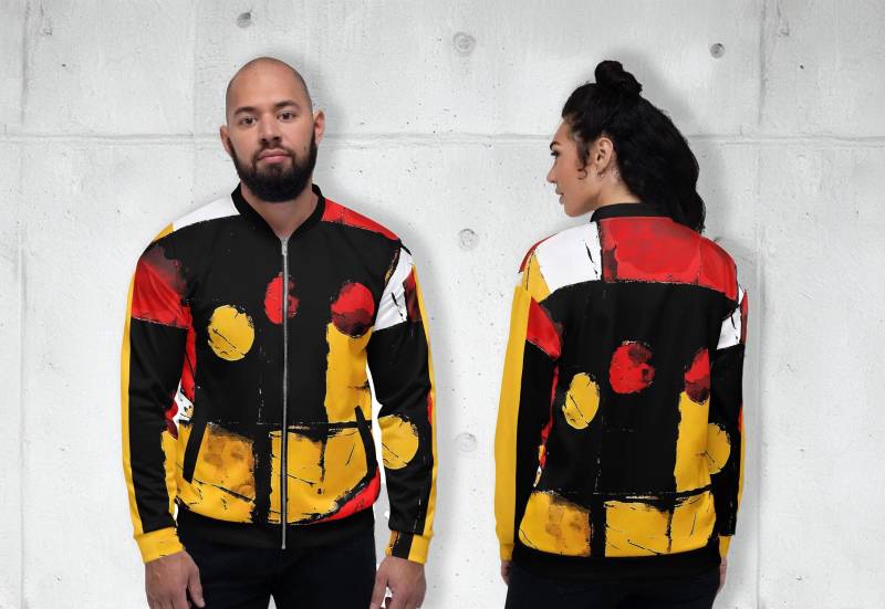 Unisex Bomberjacke - Schwarz, Gelb & Rot Mit Schwarzen Streifen Auf Den Ärmeln, Vintage-Retro Jacke Reißverschluss von Apostel13