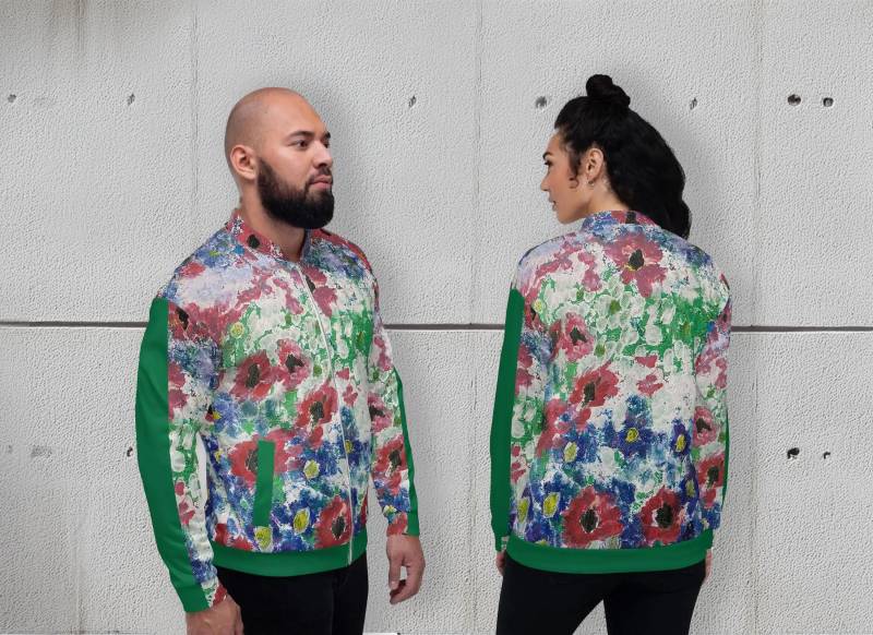 Unisex Bomberjacke - Farbenfrohe Blumen Kunstgemälde Optik Retro College Jacke Mit Reißverschluss & Grünen Streifen Am Arm von Apostel13