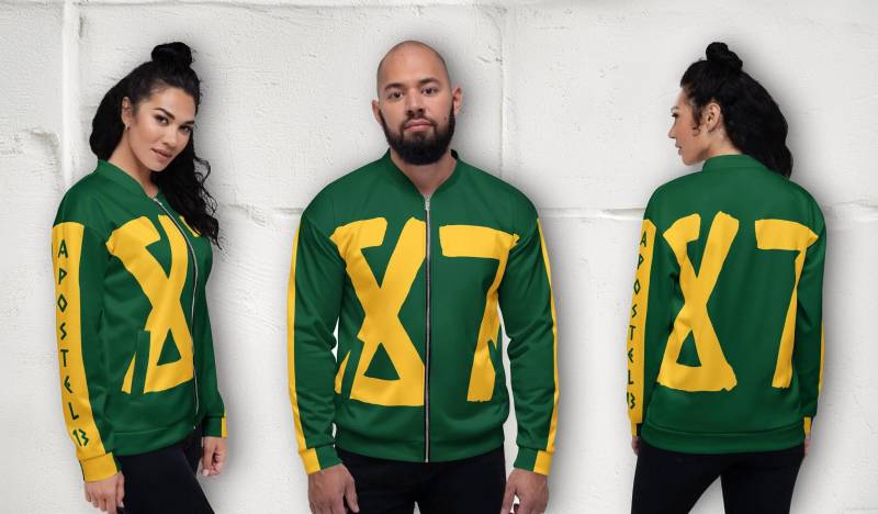 Unisex College Bomberjacke - Geburtsjahr 87 Grün-Gelb Jacke Mit Gelben Streifen Und Schriftzug An Den Ärmeln Retro Reißverschluss von Apostel13