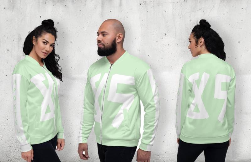 Unisex College Bomberjacke - Mintgrün-Weiß Jahrgang "85 Mit Weißem Streifen Und Schriftzug An Den Ärmeln Retro Reißverschluss Jacke von Apostel13