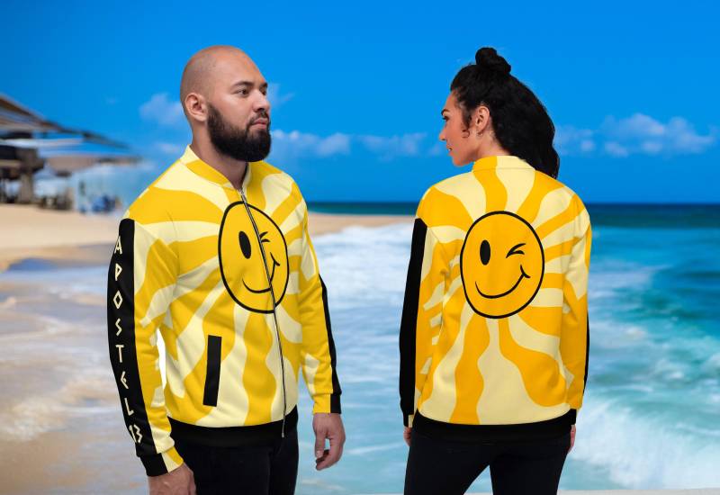Unisex Gelb Schwarz Bomberjacke Gelbe Sonne Smiley Reißverschluss Jacke Apostel13 von Apostel13