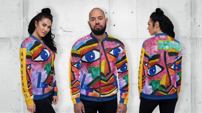 Unisex Retro College Bomberjacke - Lila Blau Gelb Jacke Mit Gelben Streifen Und Schriftzug, Bunte Kunstgemälde Optik, Reißverschluss von Apostel13