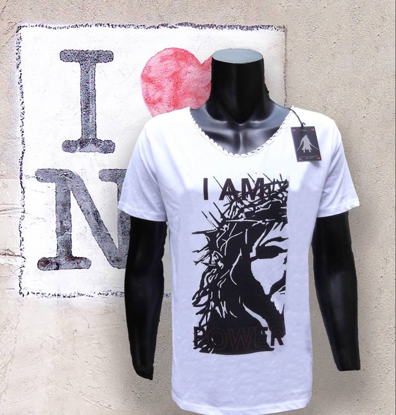 Jesus I Am Power Kreuz - Bio Baumwolle Weiß T-Shirt Tiefe Ausschnitt Handmade Shirt von Apostel13