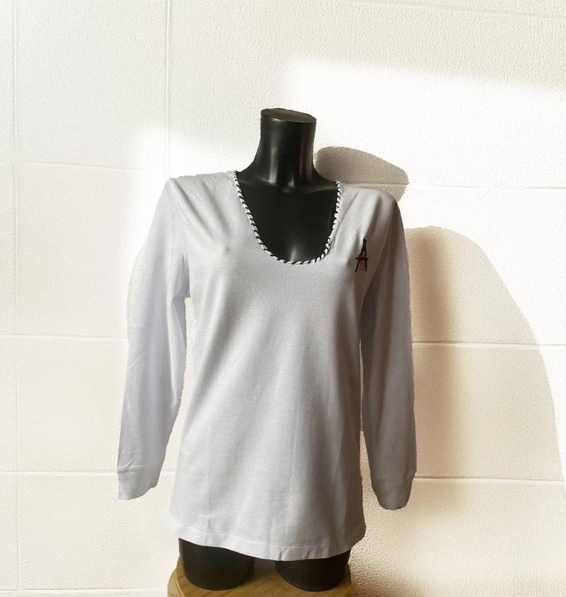 Women Skinny Fit Poloshirt 3/4 Arm Baumwolle Weiß T-Shirt, Handgemachtem Tiefem Ausschnitt, Gesticktem Logo Apostel13 von Apostel13