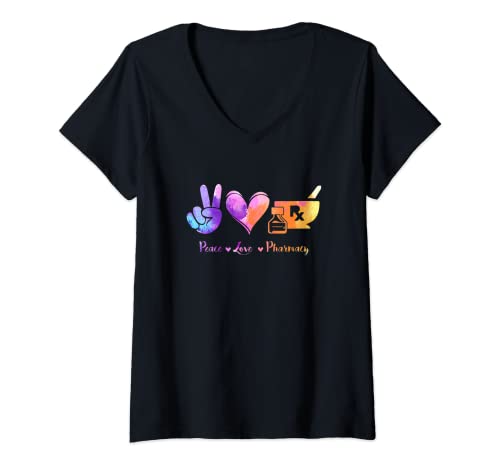 Damen Peace, Love Pharmacy - Pharmazie Pharmakant Apotheker T-Shirt mit V-Ausschnitt von Apotheker Zubehör Kleidung und Geschenke