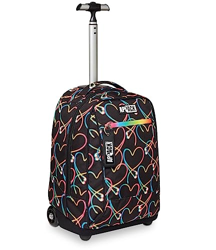 Appack Trolley, 2 in 1, Schulranzen mit Rollen, Rucksack mit Trolleyfunktion für Kinder, ab 1. Klasse, für Schule, Reisen, Mädchen&Jungen; schwarz/herzen von Appack