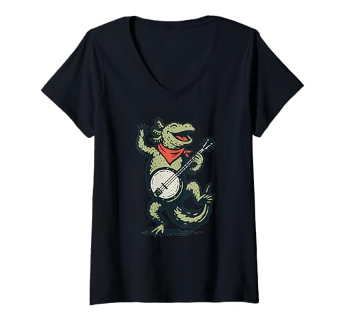 Damen Axolotl Cute Banjo Picker Music T-Shirt mit V-Ausschnitt von Appalachian Basecamp by Giant Step