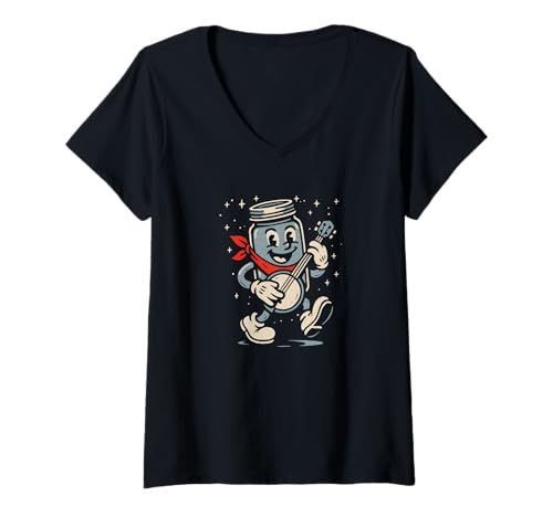 Damen Banjo Playing Moonshine Jar Cute Banjo Picker Music T-Shirt mit V-Ausschnitt von Appalachian Basecamp by Giant Step