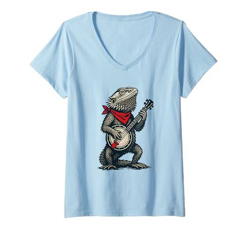 Damen Bearded Dragon Cute Banjo Picker Music T-Shirt mit V-Ausschnitt von Appalachian Basecamp by Giant Step
