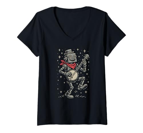 Damen Happy Robot Cute Banjo Picker Music T-Shirt mit V-Ausschnitt von Appalachian Basecamp by Giant Step