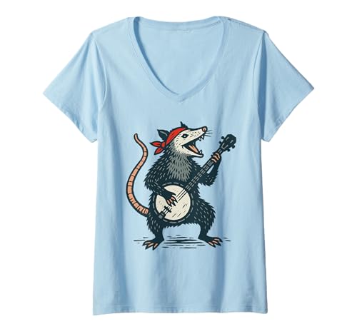 Damen Hippie Possum Cute Banjo Picker Music T-Shirt mit V-Ausschnitt von Appalachian Basecamp by Giant Step