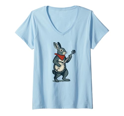 Damen Jackrabbit Cute Banjo Picker Music T-Shirt mit V-Ausschnitt von Appalachian Basecamp by Giant Step